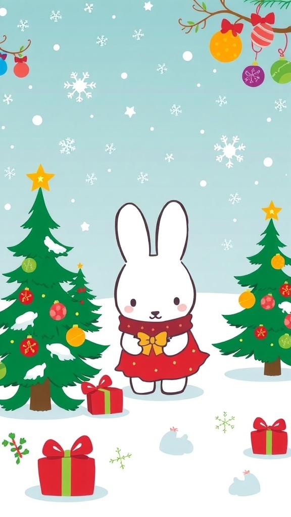 Miffy character in a winter scene with Christmas trees and snowflakes on a colorful wallpaper.